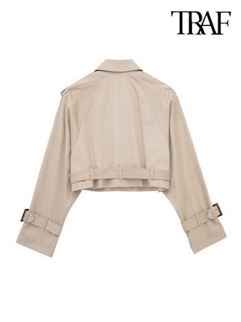 TRAF Γυναικεία Μόδα με Ζώνη Διπλό Παλτό Crop Jacket Vintage Πέτο γιακά Μακρυμάνικο Γυναικεία Πανωφόρια Κομψά μπλουζάκια