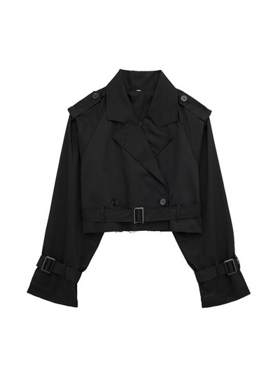 TRAF Дамска мода с колан Двуредно укорочено яке Палто Винтидж яка с ревер и яка с дълъг ръкав Дамско връхно облекло Шикозни топове