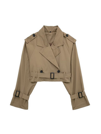 TRAF Дамска мода с колан Двуредно укорочено яке Палто Винтидж яка с ревер и яка с дълъг ръкав Дамско връхно облекло Шикозни топове