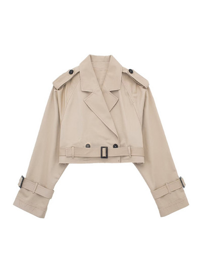 TRAF Дамска мода с колан Двуредно укорочено яке Палто Винтидж яка с ревер и яка с дълъг ръкав Дамско връхно облекло Шикозни топове