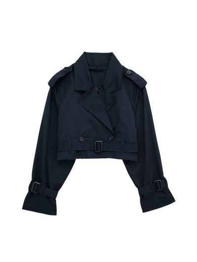 TRAF Дамска мода с колан Двуредно укорочено яке Палто Винтидж яка с ревер и яка с дълъг ръкав Дамско връхно облекло Шикозни топове