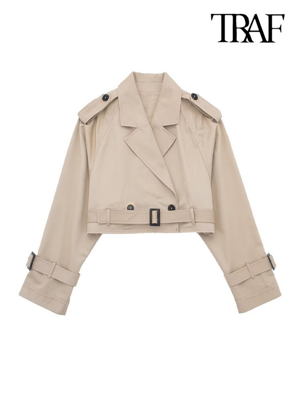 TRAF Дамска мода с колан Двуредно укорочено яке Палто Винтидж яка с ревер и яка с дълъг ръкав Дамско връхно облекло Шикозни топове