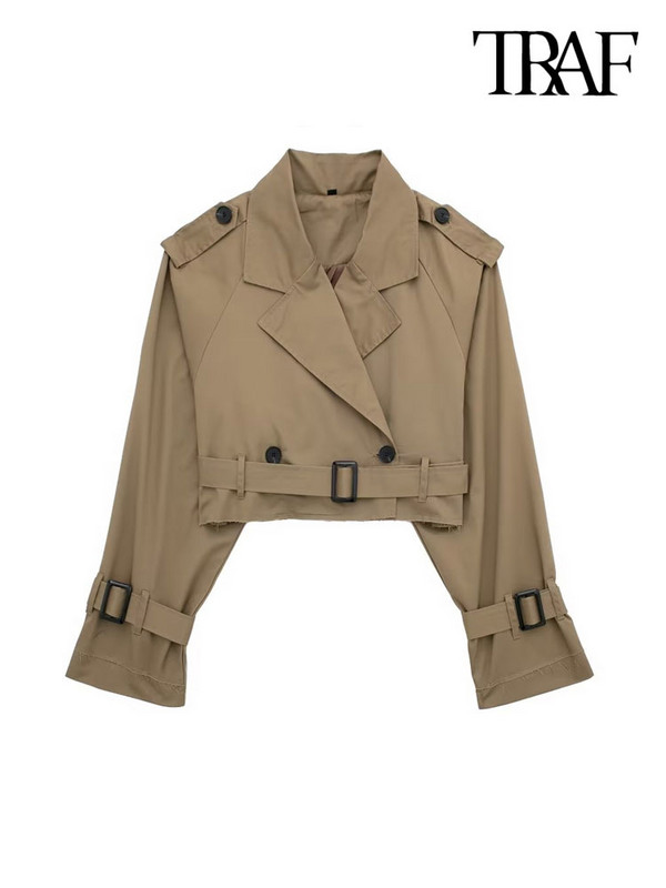 TRAF Дамска мода с колан Двуредно укорочено яке Палто Винтидж яка с ревер и яка с дълъг ръкав Дамско връхно облекло Шикозни топове