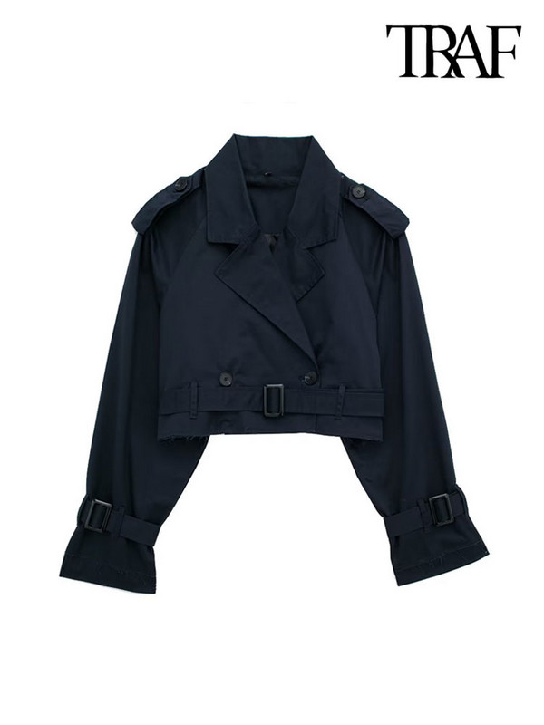 TRAF Дамска мода с колан Двуредно укорочено яке Палто Винтидж яка с ревер и яка с дълъг ръкав Дамско връхно облекло Шикозни топове