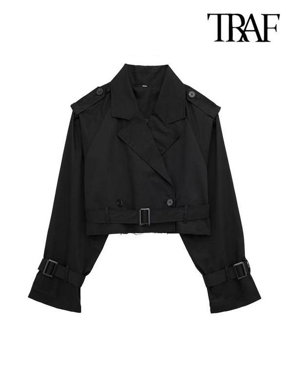 TRAF Дамска мода с колан Двуредно укорочено яке Палто Винтидж яка с ревер и яка с дълъг ръкав Дамско връхно облекло Шикозни топове