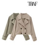 Γυναικεία TRAF Fashion Double Breasted Cropped Trench παλτό Vintage μακρυμάνικο μπροστινές τσέπες Γυναικεία πανωφόρια κομψά μπλουζάκια