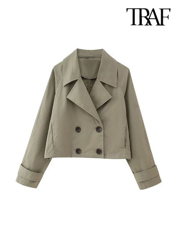 Γυναικεία TRAF Fashion Double Breasted Cropped Trench παλτό Vintage μακρυμάνικο μπροστινές τσέπες Γυναικεία πανωφόρια κομψά μπλουζάκια