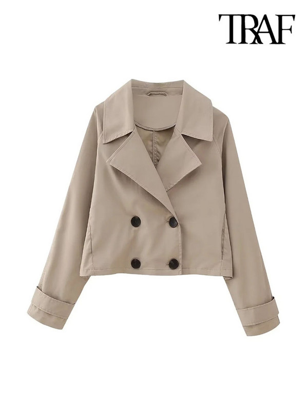 TRAF Jachetă de trenci decupată la modă pentru femei la dublu piept, haină vintage cu mânecă lungă, buzunare frontale, îmbrăcăminte exterioară pentru femei Topuri șic