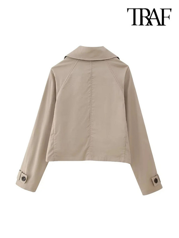 TRAF Jachetă de trenci decupată la modă pentru femei la dublu piept, haină vintage cu mânecă lungă, buzunare frontale, îmbrăcăminte exterioară pentru femei Topuri șic
