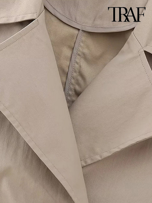 TRAF Jachetă de trenci decupată la modă pentru femei la dublu piept, haină vintage cu mânecă lungă, buzunare frontale, îmbrăcăminte exterioară pentru femei Topuri șic