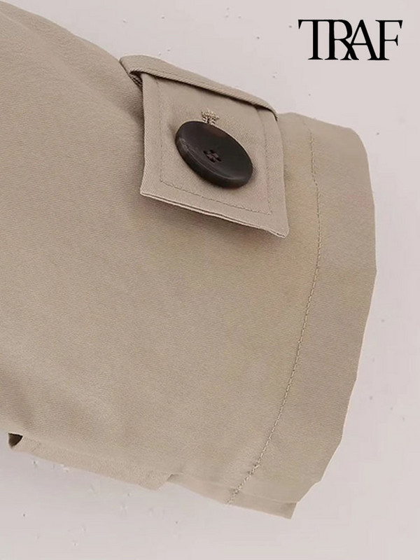 TRAF Jachetă de trenci decupată la modă pentru femei la dublu piept, haină vintage cu mânecă lungă, buzunare frontale, îmbrăcăminte exterioară pentru femei Topuri șic