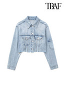 TRAF Γυναικεία Μόδα Patch Τσέπες Ripped Denim Cropped Jacket παλτό Vintage μακρυμάνικο ξεφτισμένο στρίφωμα Γυναικεία εξωτερικά ενδύματα Chic τοπ
