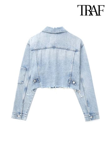 TRAF Γυναικεία Μόδα Patch Τσέπες Ripped Denim Cropped Jacket παλτό Vintage μακρυμάνικο ξεφτισμένο στρίφωμα Γυναικεία εξωτερικά ενδύματα Chic τοπ