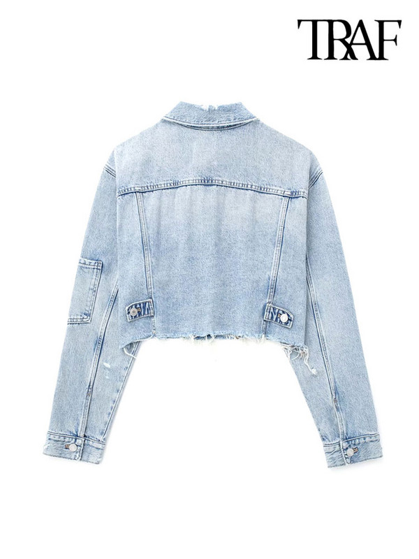 TRAF Γυναικεία Μόδα Patch Τσέπες Ripped Denim Cropped Jacket παλτό Vintage μακρυμάνικο ξεφτισμένο στρίφωμα Γυναικεία εξωτερικά ενδύματα Chic τοπ