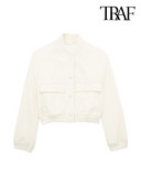 Γυναικεία μόδα TRAF με τσέπες Cropped Bomber Jacket Vintage μακρυμάνικο μπροστινό κουμπί Γυναικεία πανωφόρια κομψά μπλουζάκια