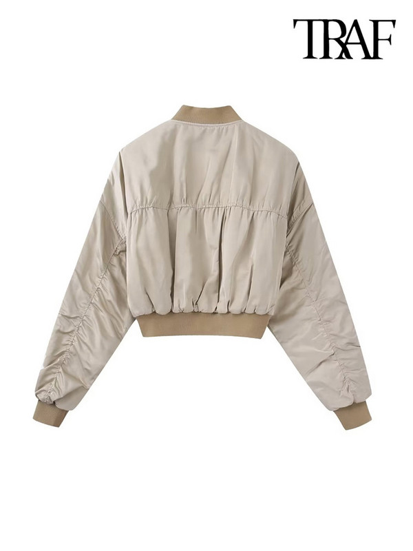 TRAF Дамско модно сатенено изрязано яке с преден цип и подплатено яке с реколта Винтидж О деколте с дълъг ръкав Дамско връхно облекло Шикозни топове