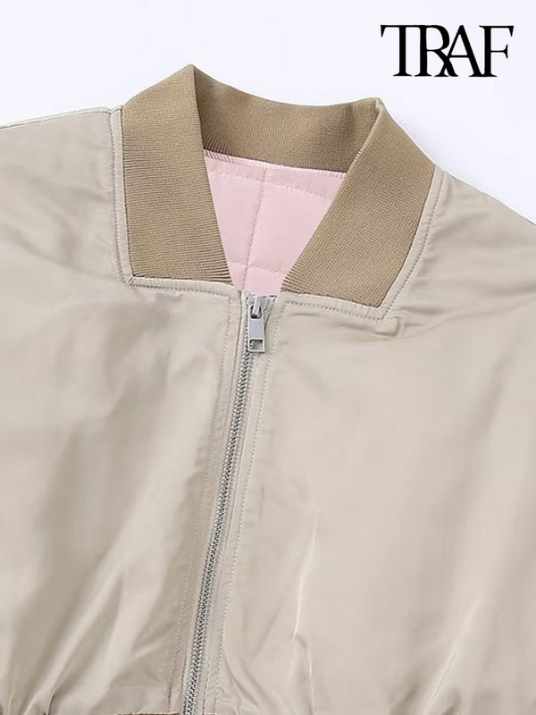 TRAF Дамско модно сатенено изрязано яке с преден цип и подплатено яке с реколта Винтидж О деколте с дълъг ръкав Дамско връхно облекло Шикозни топове