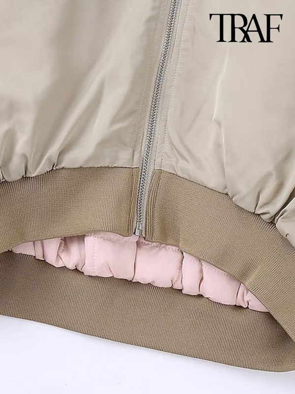 TRAF Дамско модно сатенено изрязано яке с преден цип и подплатено яке с реколта Винтидж О деколте с дълъг ръкав Дамско връхно облекло Шикозни топове