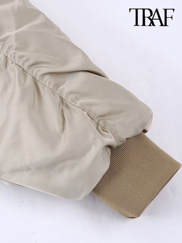 TRAF Дамско модно сатенено изрязано яке с преден цип и подплатено яке с реколта Винтидж О деколте с дълъг ръкав Дамско връхно облекло Шикозни топове