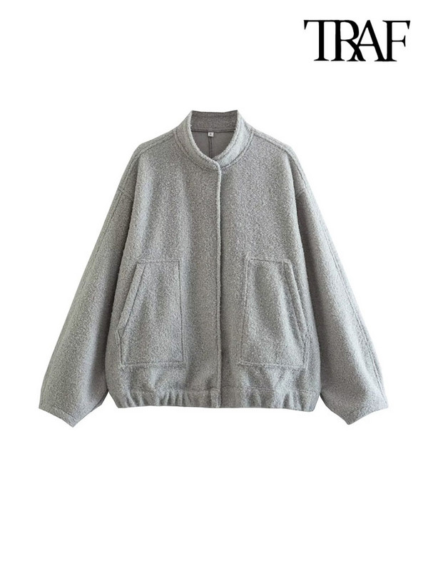 TRAF Дамска мода с джобове Овъргабаритно бомбардировъчно яке Палто Винтидж Дамско горно облекло с копчета с дълъг ръкав Шикозни топове