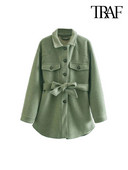 TRAF Дамско модно меко овърсайз яке с колан, палто, реколта, джобове с дълги ръкави, дамско връхно облекло, шикозна тениска