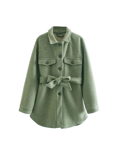 TRAF Дамско модно меко овърсайз яке с колан, палто, реколта, джобове с дълги ръкави, дамско връхно облекло, шикозна тениска