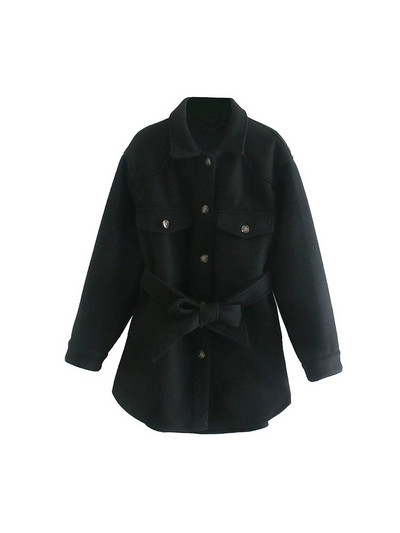 TRAF Дамско модно меко овърсайз яке с колан, палто, реколта, джобове с дълги ръкави, дамско връхно облекло, шикозна тениска