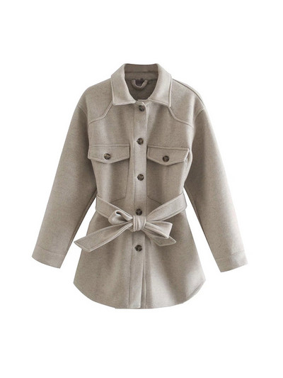 TRAF Дамско модно меко овърсайз яке с колан, палто, реколта, джобове с дълги ръкави, дамско връхно облекло, шикозна тениска