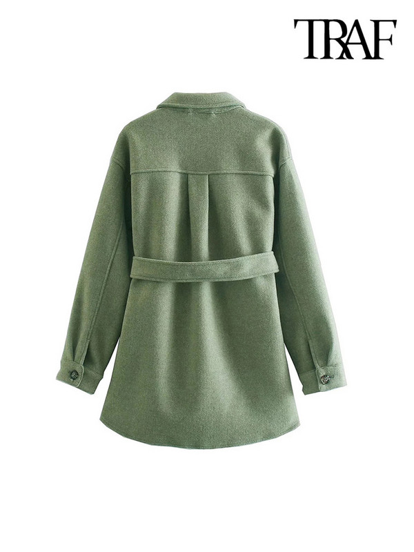 TRAF Дамско модно меко овърсайз яке с колан, палто, реколта, джобове с дълги ръкави, дамско връхно облекло, шикозна тениска