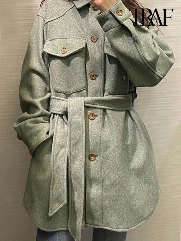 TRAF Дамско модно меко овърсайз яке с колан, палто, реколта, джобове с дълги ръкави, дамско връхно облекло, шикозна тениска