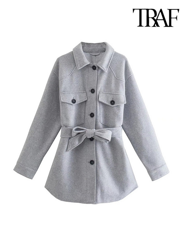 TRAF Дамско модно меко овърсайз яке с колан, палто, реколта, джобове с дълги ръкави, дамско връхно облекло, шикозна тениска