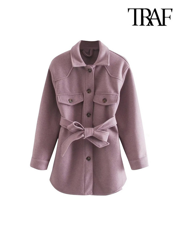 TRAF Дамско модно меко овърсайз яке с колан, палто, реколта, джобове с дълги ръкави, дамско връхно облекло, шикозна тениска