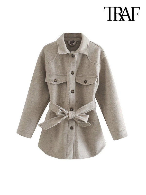 TRAF Дамско модно меко овърсайз яке с колан, палто, реколта, джобове с дълги ръкави, дамско връхно облекло, шикозна тениска
