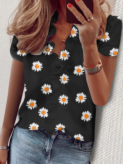 Дамска елегантна блуза с къс ръкав и V-образно деколте Ежедневна офис дамска широка риза Vintage Harajuku Bohemian Tops Streetwear Туника