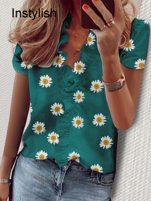 Дамска елегантна блуза с къс ръкав и V-образно деколте Ежедневна офис дамска широка риза Vintage Harajuku Bohemian Tops Streetwear Туника