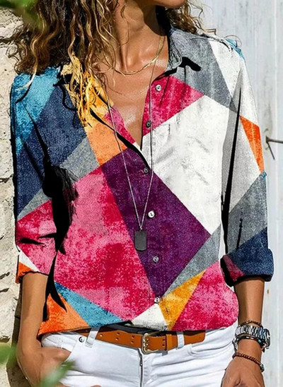 Модна трицветна дамска блуза 2023 Нова грациозна риза Ежедневна широка риза с дълъг ръкав Горнища с щампа с женствен темперамент