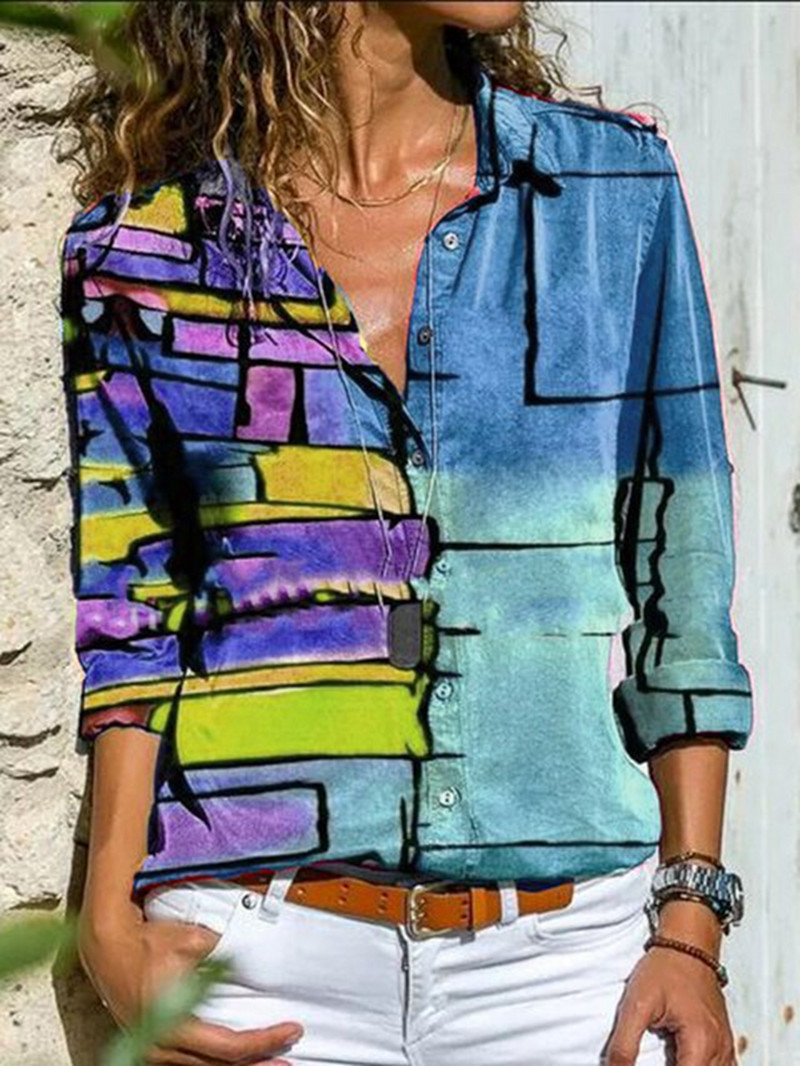 Модна трицветна дамска блуза 2023 Нова грациозна риза Ежедневна широка риза с дълъг ръкав Горнища с щампа с женствен темперамент