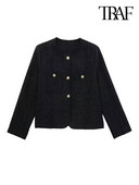 TRAF Дамско модно сако от туид с предни метални копчета Винтидж Дамско връхно облекло с дълги ръкави с О деколте Шикозни горнища