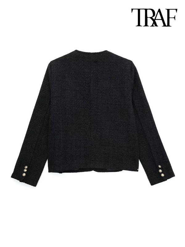 TRAF Дамско модно сако от туид с предни метални копчета Винтидж Дамско връхно облекло с дълги ръкави с О деколте Шикозни горнища