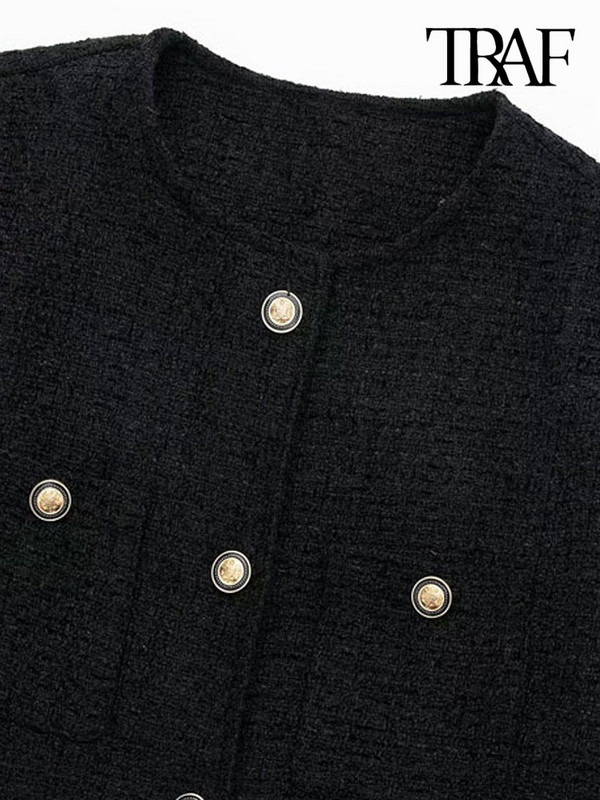 TRAF Дамско модно сако от туид с предни метални копчета Винтидж Дамско връхно облекло с дълги ръкави с О деколте Шикозни горнища