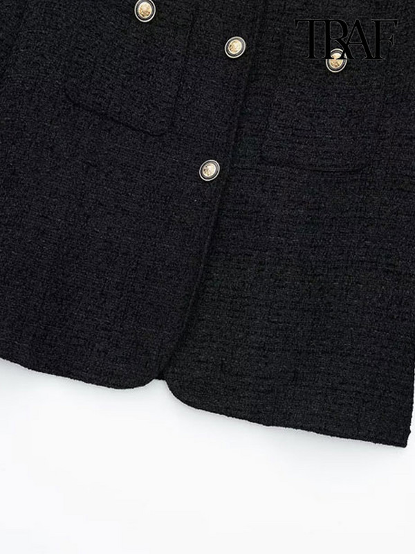 TRAF Дамско модно сако от туид с предни метални копчета Винтидж Дамско връхно облекло с дълги ръкави с О деколте Шикозни горнища