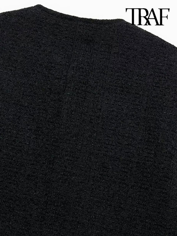 TRAF Дамско модно сако от туид с предни метални копчета Винтидж Дамско връхно облекло с дълги ръкави с О деколте Шикозни горнища