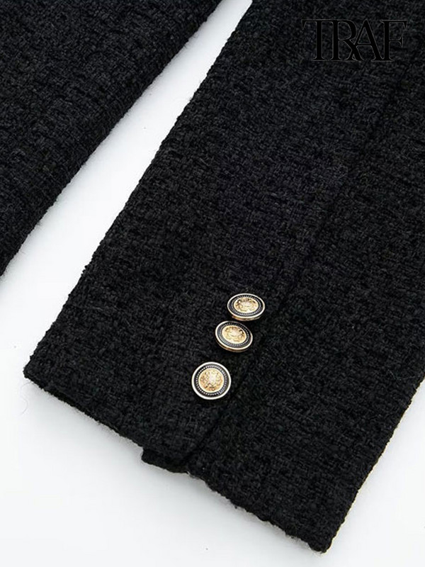 TRAF Дамско модно сако от туид с предни метални копчета Винтидж Дамско връхно облекло с дълги ръкави с О деколте Шикозни горнища