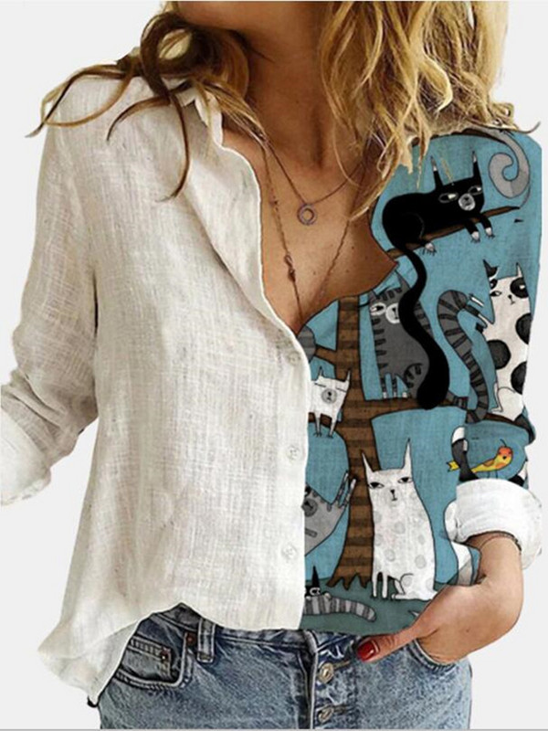 Модни шевове Сладък котешки принт Блузи с дълъг ръкав Дамски 2023 Пролетни копчета за ревери Ежедневни дамски топове Голям размер Памук Полиестер