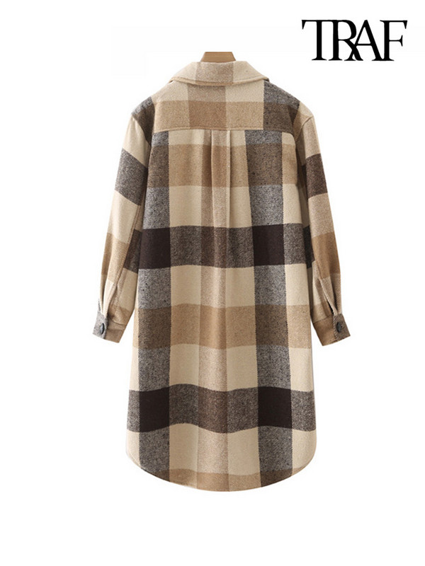 TRAF Дамско модно свободно карирано дълго яке Палто Винтидж джобове с дълги ръкави Дамско връхно облекло Chic Veste Femme
