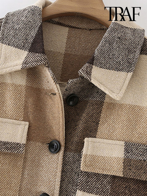 TRAF Дамско модно свободно карирано дълго яке Палто Винтидж джобове с дълги ръкави Дамско връхно облекло Chic Veste Femme