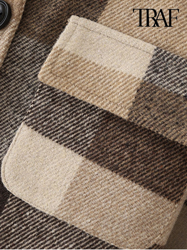 TRAF Дамско модно свободно карирано дълго яке Палто Винтидж джобове с дълги ръкави Дамско връхно облекло Chic Veste Femme