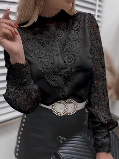 Valged pitsilised lapiga särgid, naiste seksikad õõnsad pikkade varrukatega pluus Naiste elegantne mood vabaaja üherealised särgid