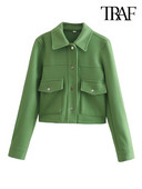 TRAF Дамска мода с джобове Скъсено зелено яке Палто Винтидж Дамско връхно облекло с копчета с дълъг ръкав Шикозни топове