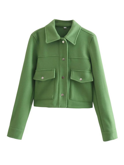 TRAF Дамска мода с джобове Скъсено зелено яке Палто Винтидж Дамско връхно облекло с копчета с дълъг ръкав Шикозни топове